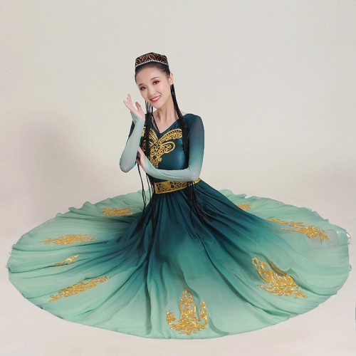Women chinese folk Xinjiang dance costumes Female minority ethnic style Uyghur opening dance big swing skirt xinjiang Performance dress for adult long skirt